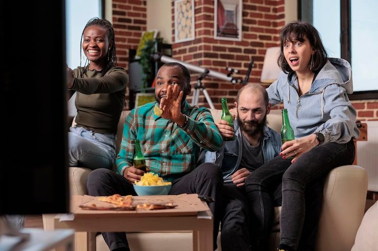 Friends watching live sports on Gamma TV IPTV during a game night