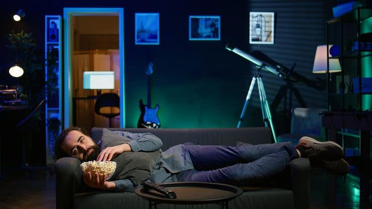 Person browsing Gamma IPTV movie library while relaxing on couch